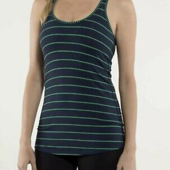 LULULEMON Navy Blue Green Stripe Cool Racerback Tank 8 - Picture 1 of 6